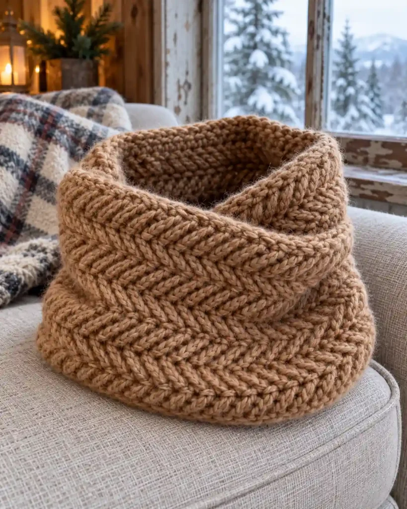 Camel crochet herringbone cowl showing diagonal textured stitches on a linen sofa.