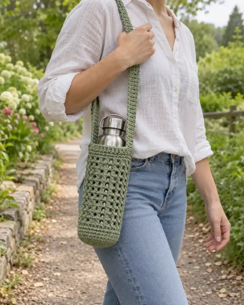 Sage crochet water bottle holder with shoulder strap carrying a reusable bottle outdoors.