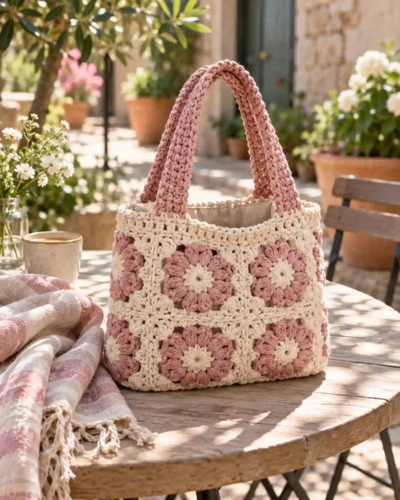 Small cream-and-pink floral crochet bag with short handles on a sunny wooden table.
