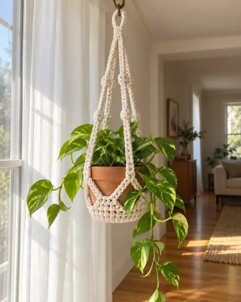 Ivory crocheted plant hanger suspending a small terracotta pot beside a bright window.