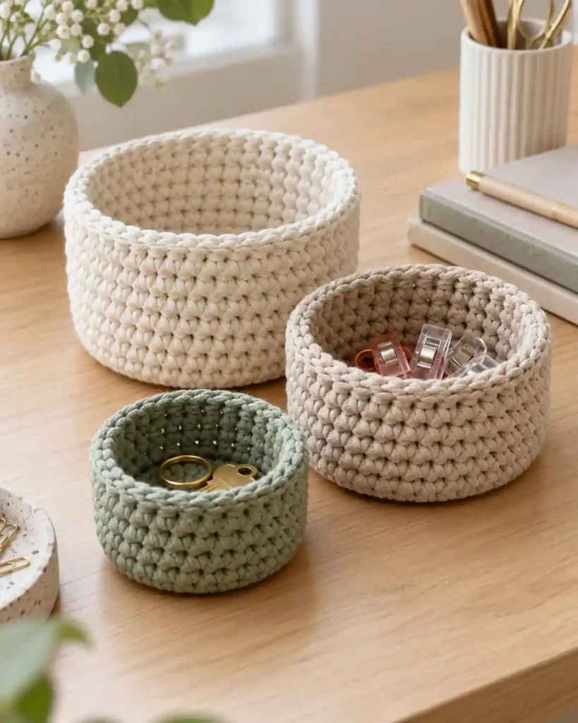 Three small sturdy crochet nesting baskets holding keys and craft notions on a desk.
