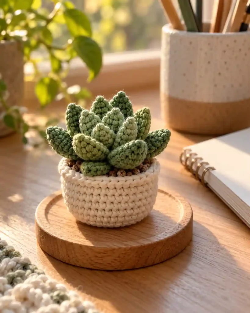 Tiny green crochet succulent in a cream crochet pot on a wooden desk coaster.