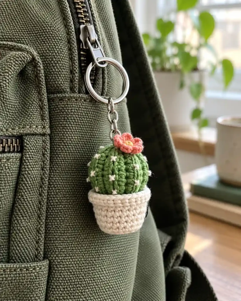 Miniature green crochet cactus with pink flower and keyring clipped to a canvas bag.