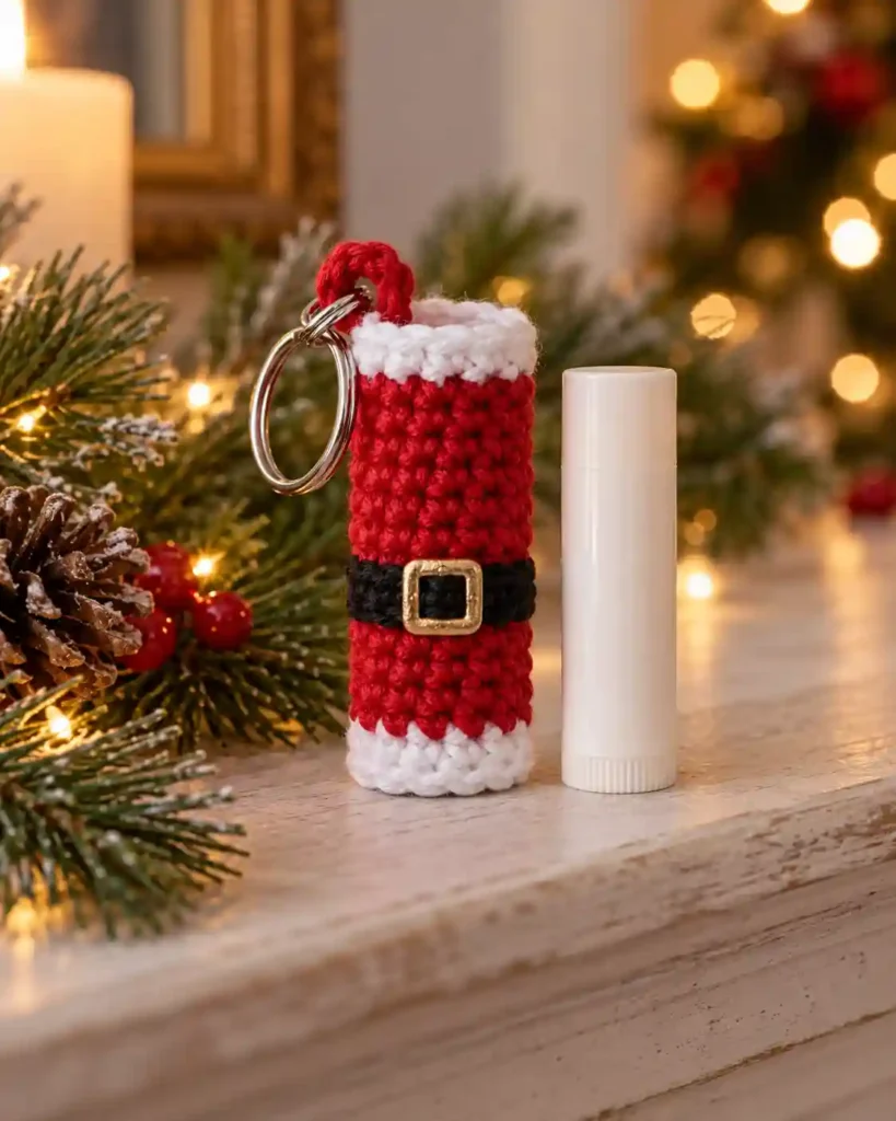 Red-and-white Santa crochet lip balm keychain holder beside a plain lip balm tube.