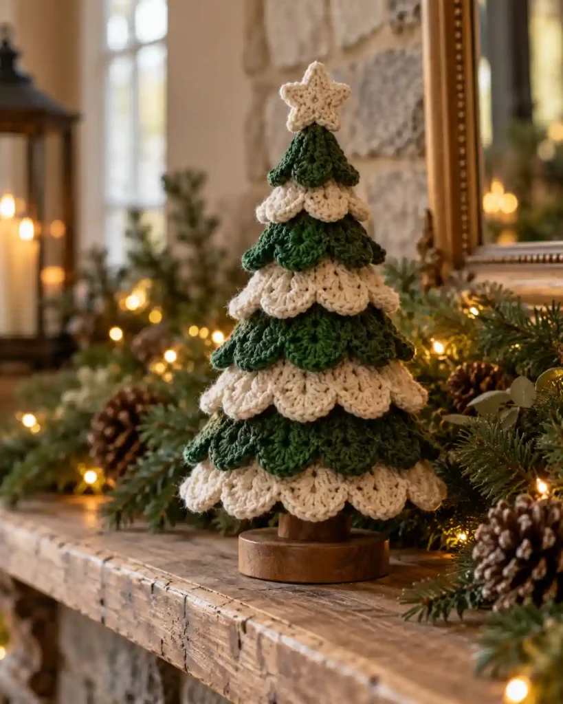 Small forest-green crocheted Christmas tree decoration on a festive mantel.