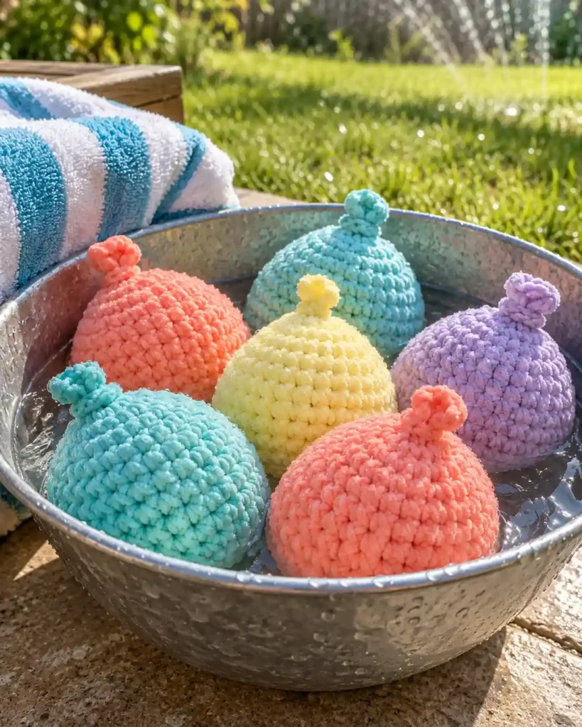 Colorful reusable plush crochet water balloons in a metal bowl beside a beach towel.