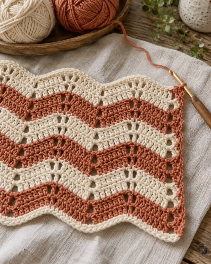 A cream and terracotta double crochet ripple swatch laid flat, open stitch columns and evenly repeated gentle peaks visible, one hook beside its unfinished edge.