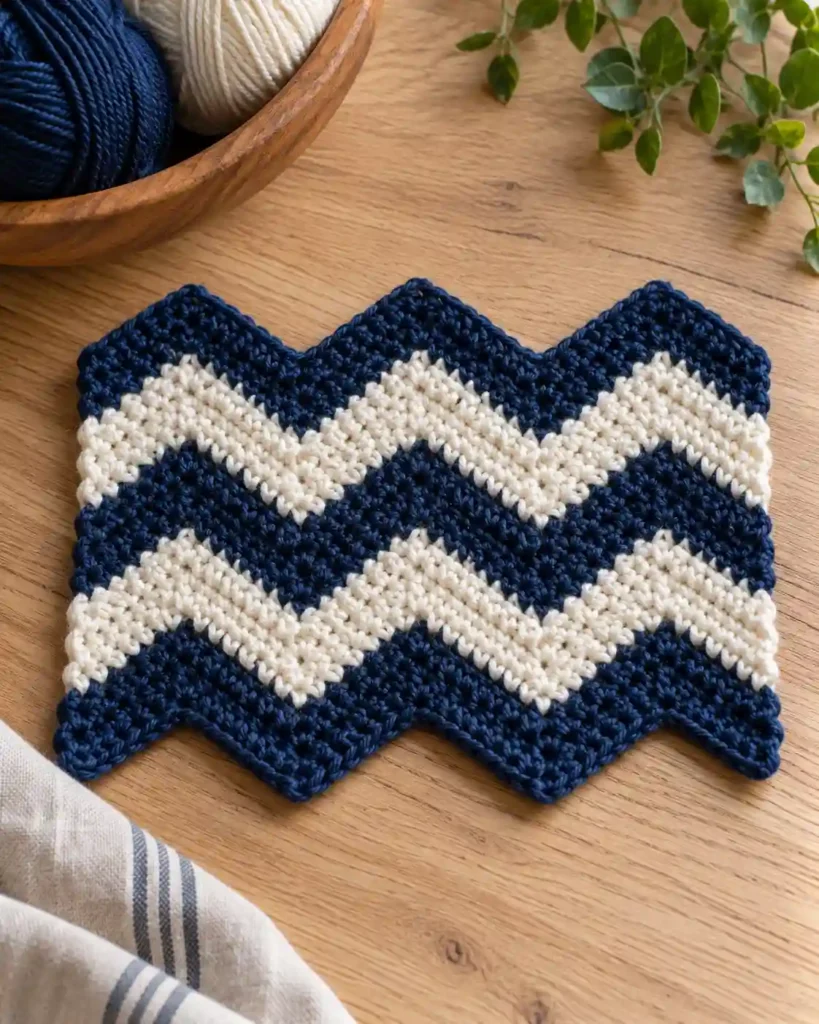 A navy and ivory single crochet chevron swatch on pale oak, compact crochet stitches and sharp symmetrical peaks clearly visible.