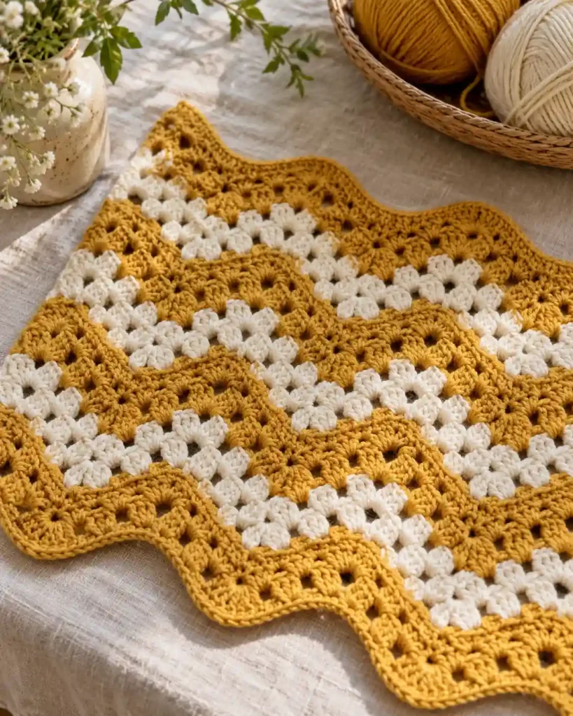 A mustard and cream granny ripple sample arranged diagonally on a linen-covered table, recognizable three-stitch clusters and open spaces.