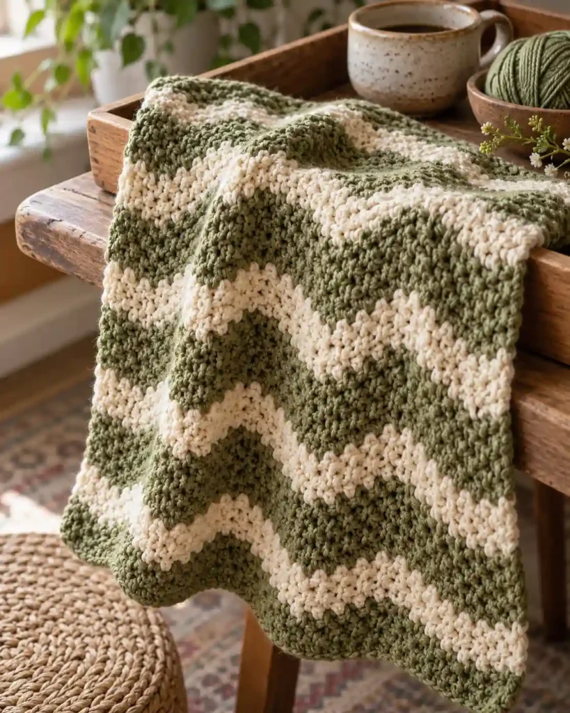 An olive and vanilla moss stitch ripple swatch draped over the edge of a wooden tray, small interlocking crochet texture and shallow waves visible.