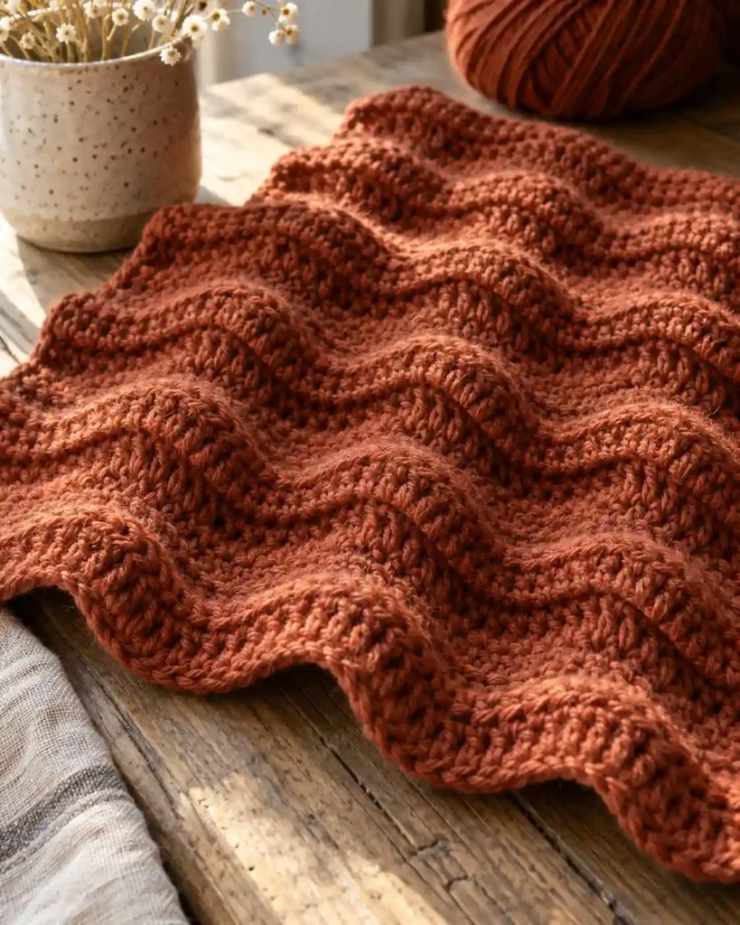 A rust-colored ridged ripple swatch photographed at a low oblique angle, pronounced back-loop ridges catching side light.