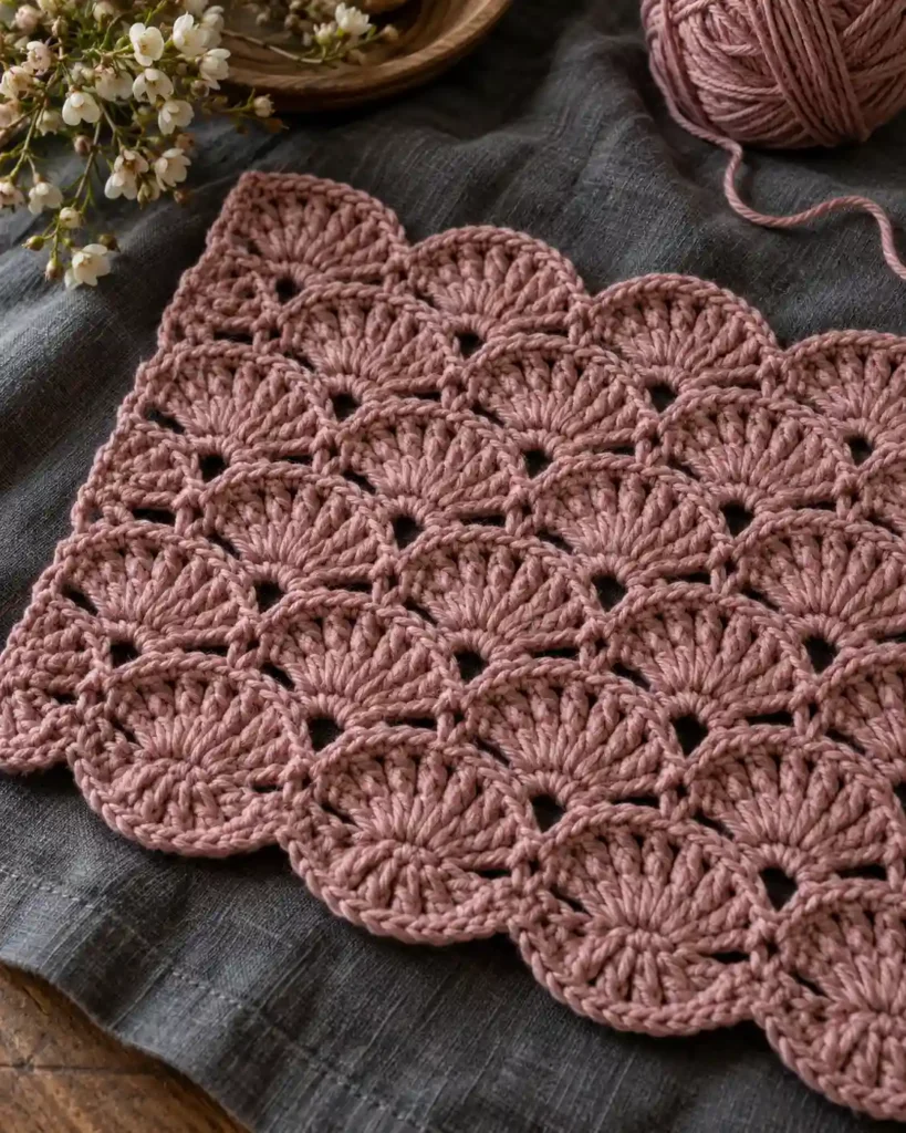 A dusty rose vintage fan ripple sample on charcoal linen, repeated fan-shaped crochet groups forming scalloped waves.