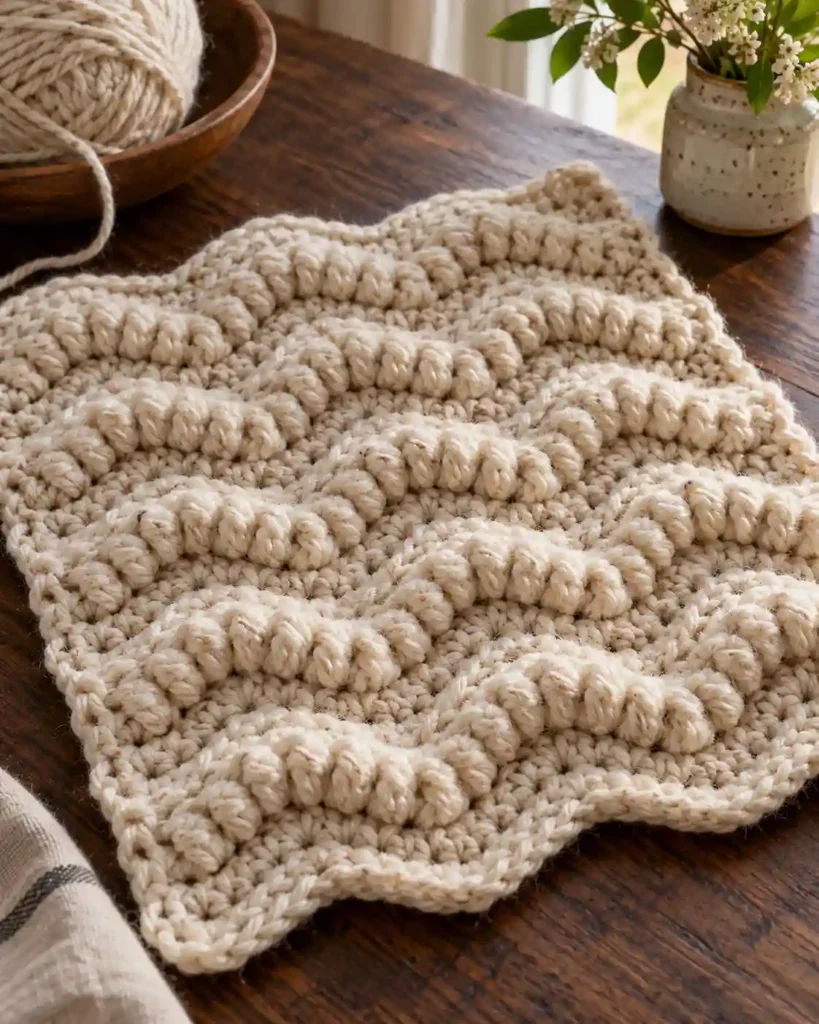 A soft oatmeal puff ripple swatch resting on a dark walnut table, rounded raised puffs tracing wave rows with shadows between them.