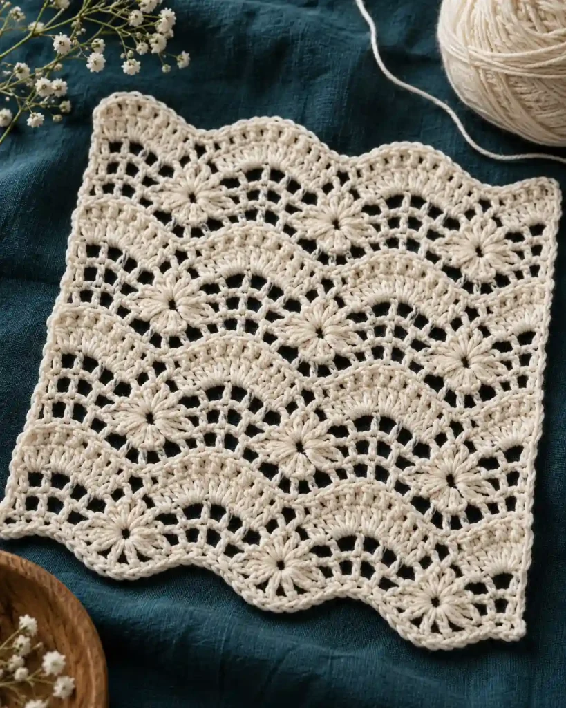 An ivory crossed-stitch ripple lace sample held flat over dark teal linen, visible crossed crochet groups and balanced openwork.