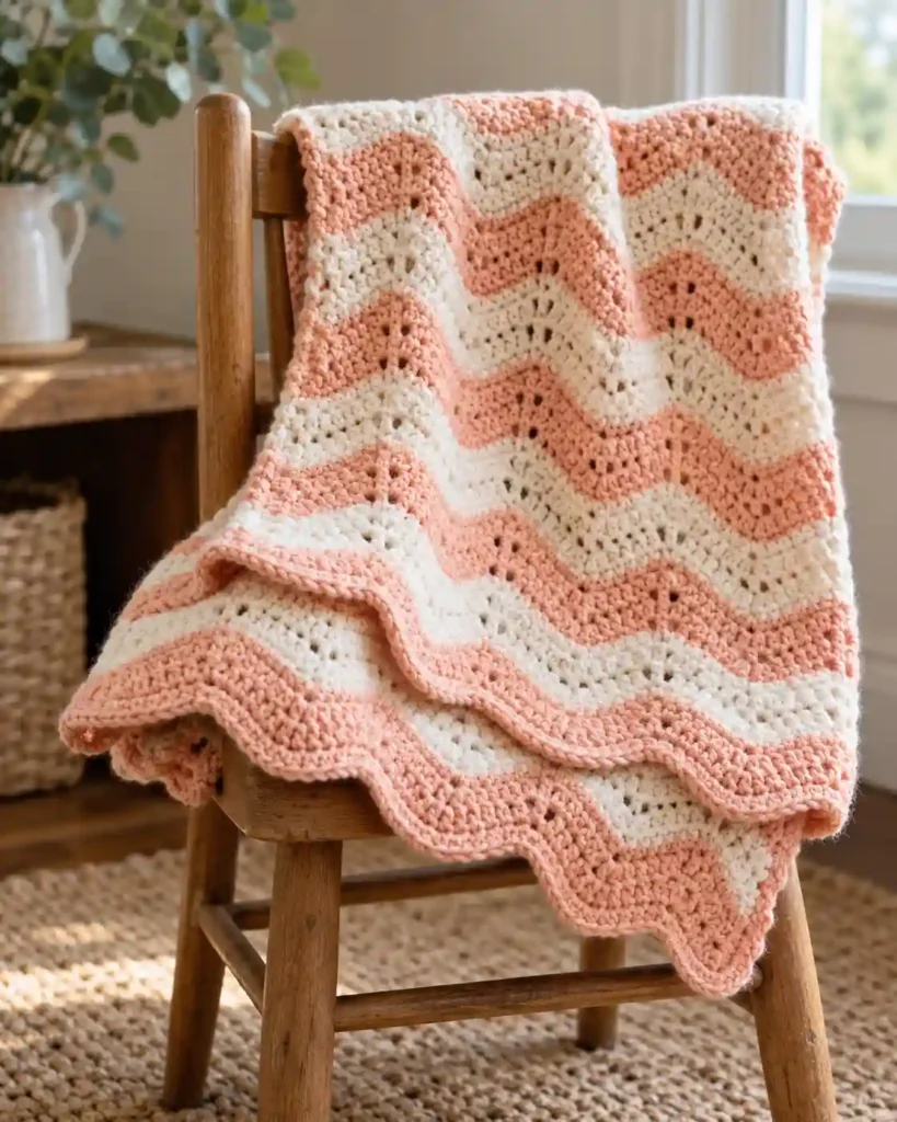 A peach and cream ripple baby blanket folded over a small wooden chair, one unfolded corner showing the wave edge and neat border, no baby or crib.