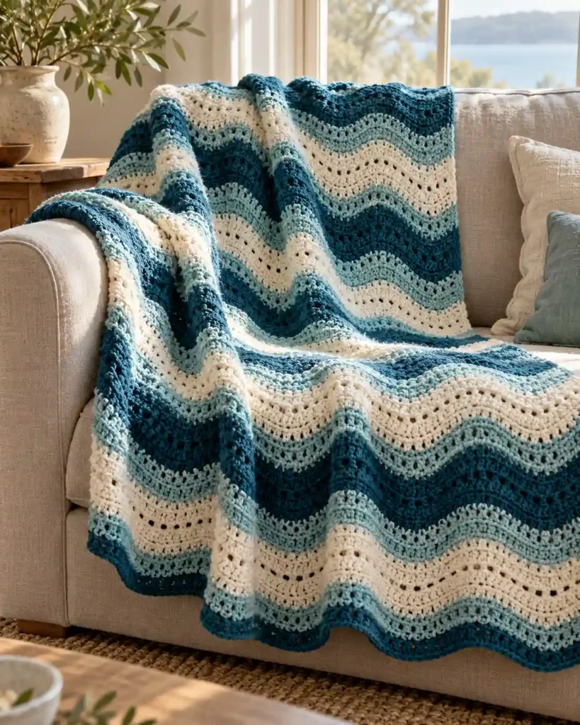 An ocean-blue teal and cream ripple throw draped across a natural linen sofa, full wave bands visible in soft window light.
