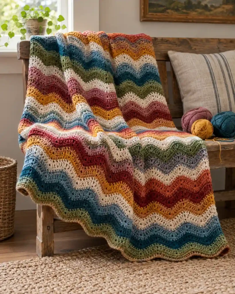 A multicolored scrap yarn ripple afghan spread over a rustic bench, coherent warm and cool stripe sequence with three small leftover yarn balls nearby.