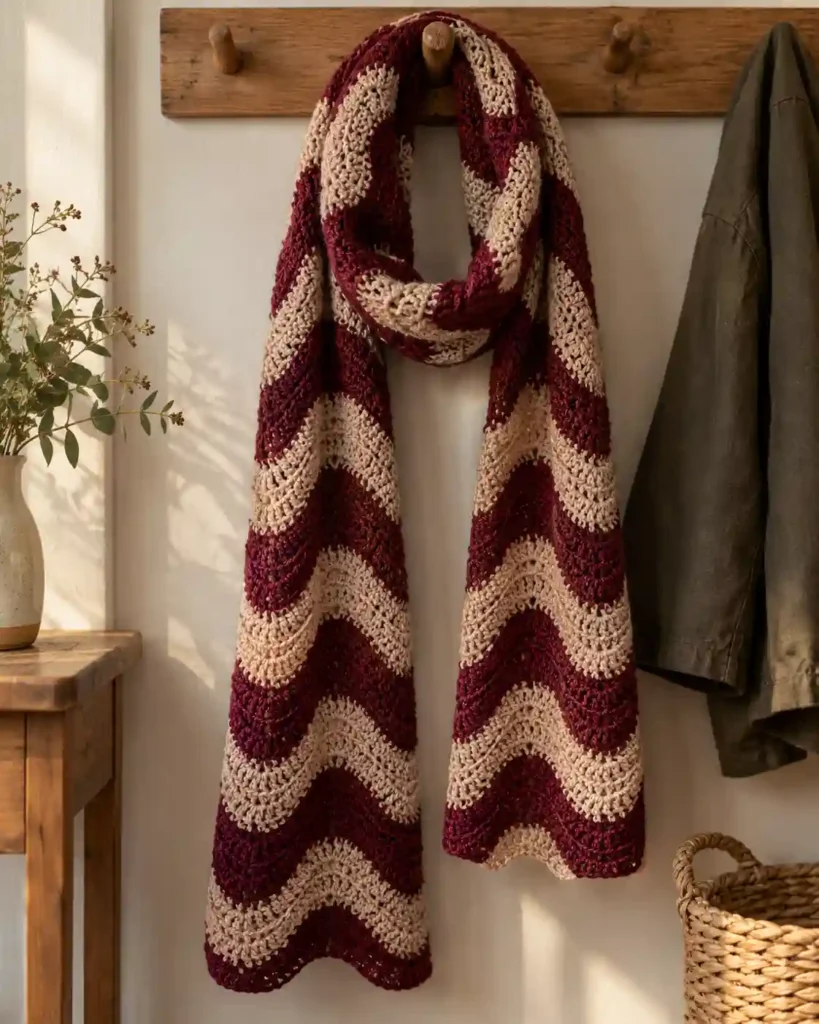 A burgundy and sand ripple scarf loosely looped on a wooden coat peg, full lower ends visible and natural soft drape.