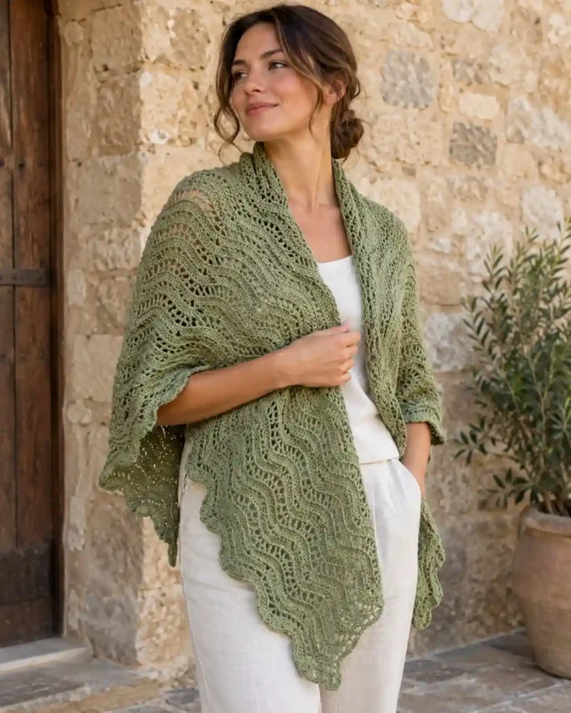 A sage green rectangular ripple wrap draped over an adult mannequin’s shoulders against a warm stone wall, lightweight open fabric and broad wave edge visible.