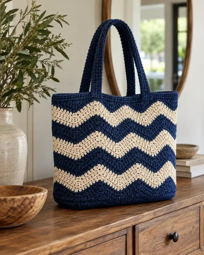 A navy and natural cotton ripple tote standing on a wood console, dense chevron panels, sturdy twin handles and a flat base clearly visible.
