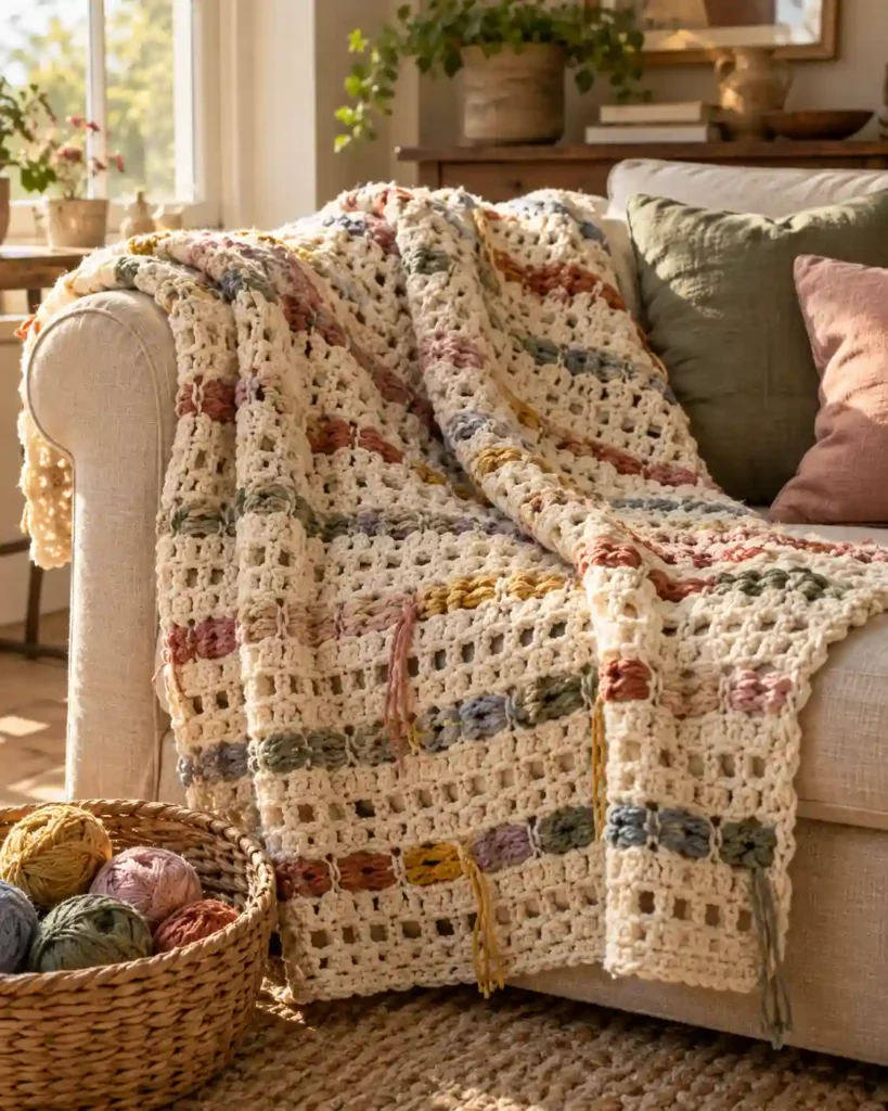 Handmade woven scrap yarn crochet blanket with colorful leftover yarn strands on a cozy cream sofa.