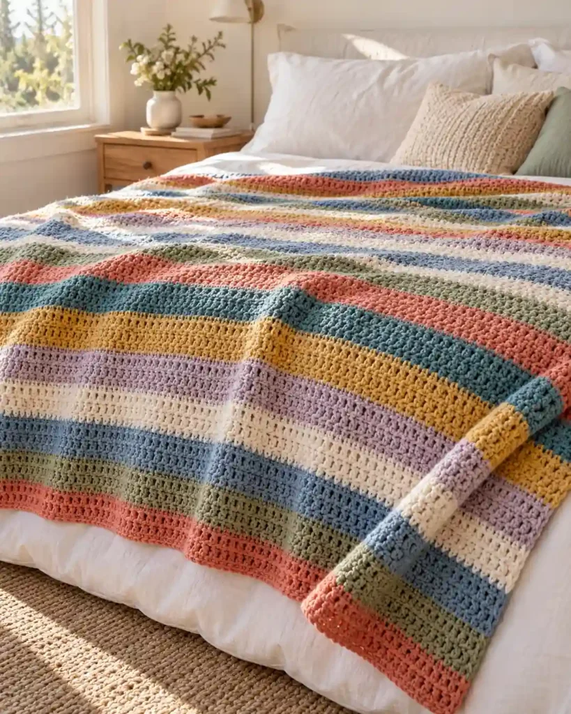 Easy striped scrap yarn crochet blanket with colorful double crochet rows displayed on a white bed.