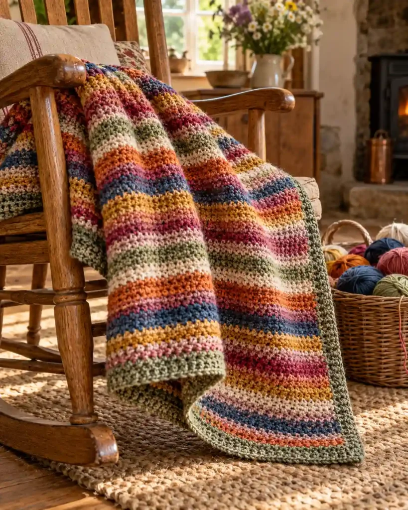 Colorful stash buster crochet blanket with textured single and double crochet stitches and moss stitch border.