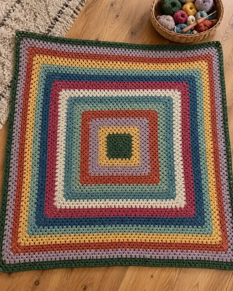 Random rounds scrap yarn crochet blanket featuring colorful moss stitch squares worked outward from the center.