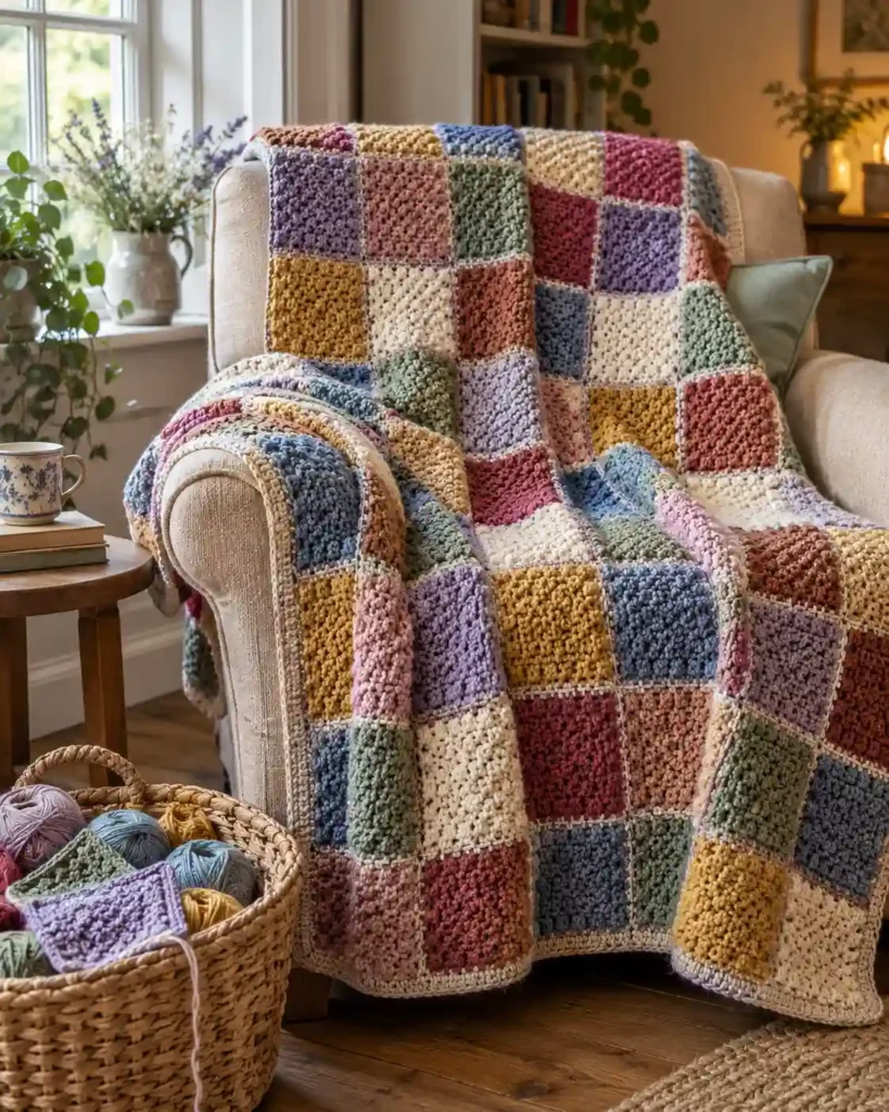 Colorful stash-buster crochet squares blanket with textured patchwork motifs draped over a cozy armchair.