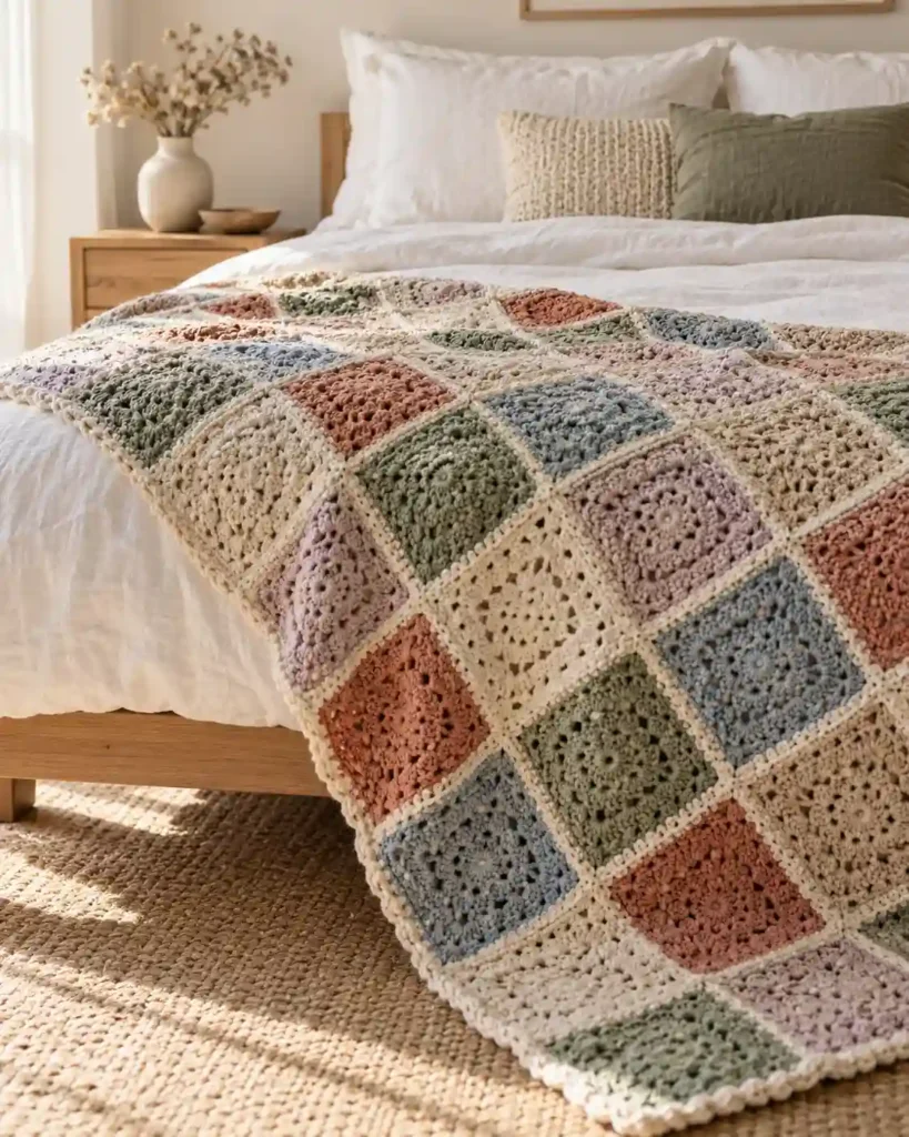 Elegant scrap yarn crochet patchwork blanket with decorative square seams in sage, cream, and terracotta.