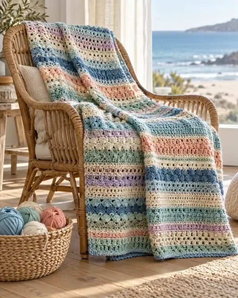 Seaside stash busting crochet blanket with textured blue, coral, cream, and seafoam green stripes.