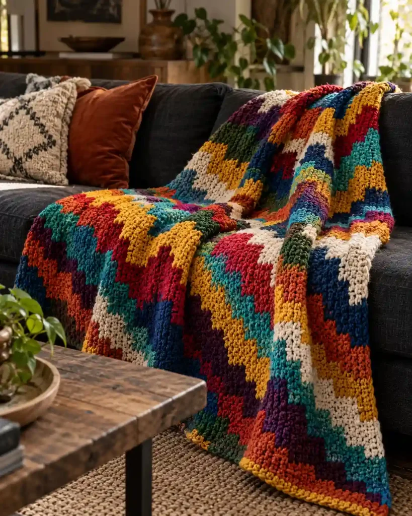 Bright jagged scrap yarn crochet afghan with colorful textured zigzag-style rows on a charcoal sofa.