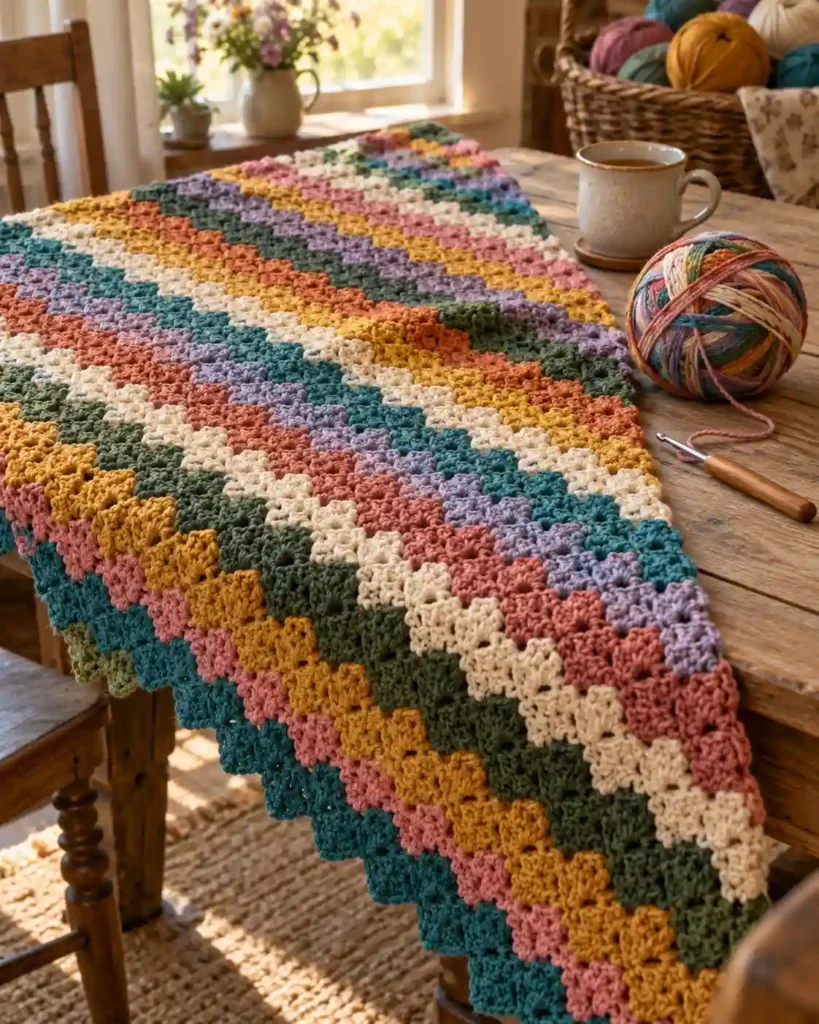 Scrappy corner-to-corner crochet blanket with colorful diagonal stitch blocks and a multicolored yarn ball.