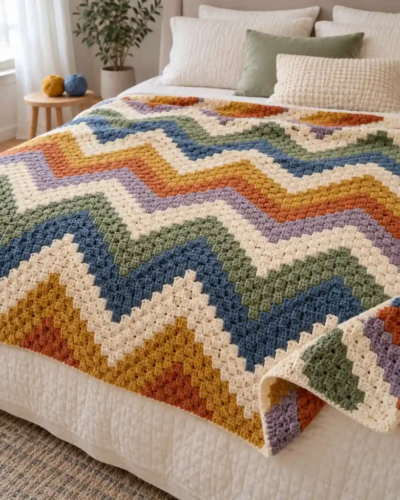 Geometric chevron scrap yarn crochet blanket with colorful C2C rectangular sections on an ivory bed.