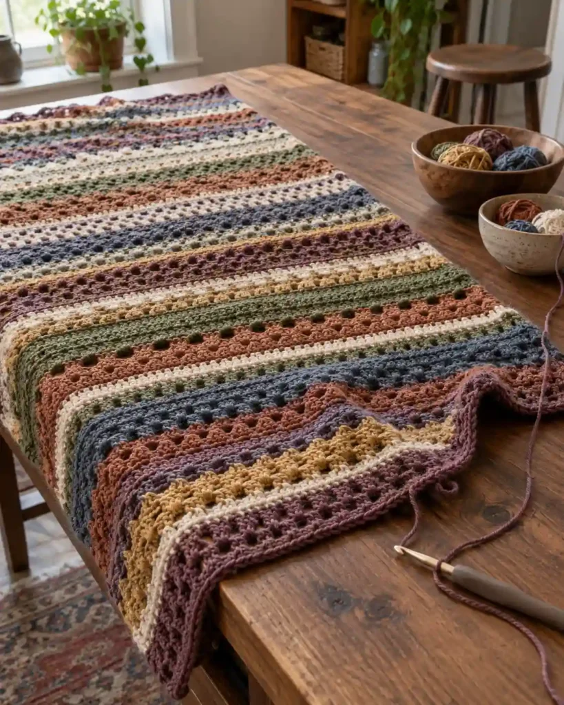 Partially finished mystery crochet-along blanket with varied textured scrap yarn sections on a worktable.