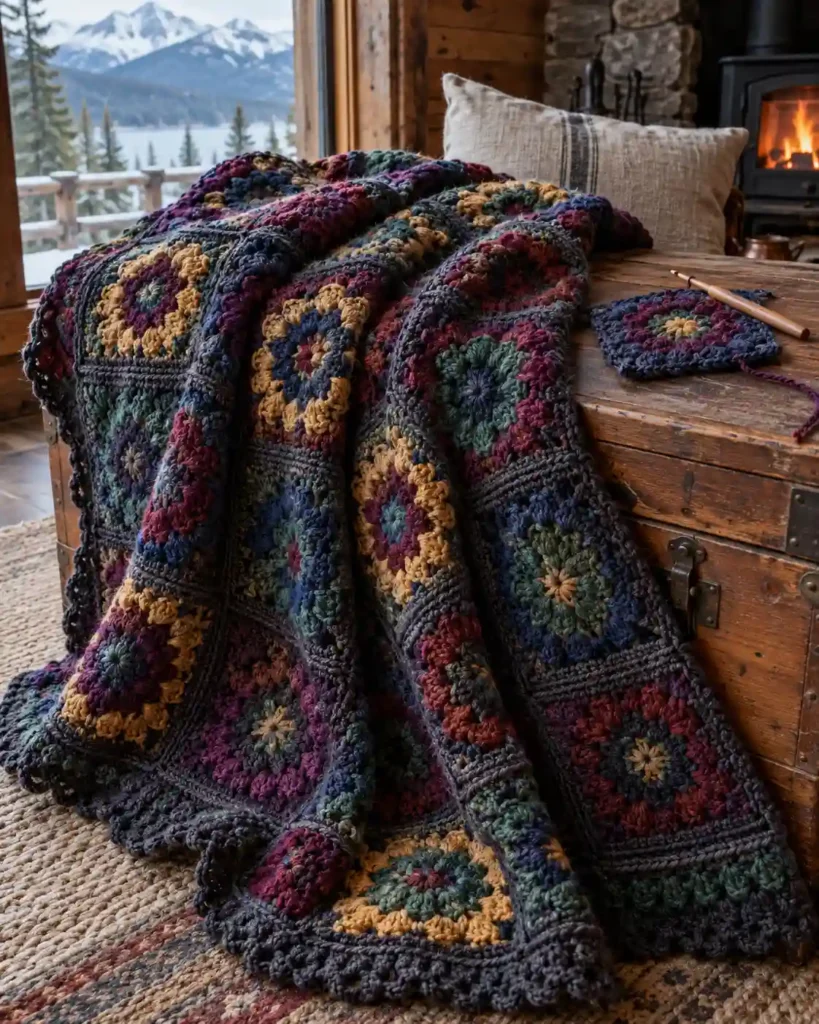 Dense textured scrap yarn crochet blanket in jewel tones with joined motifs draped over a cedar trunk.