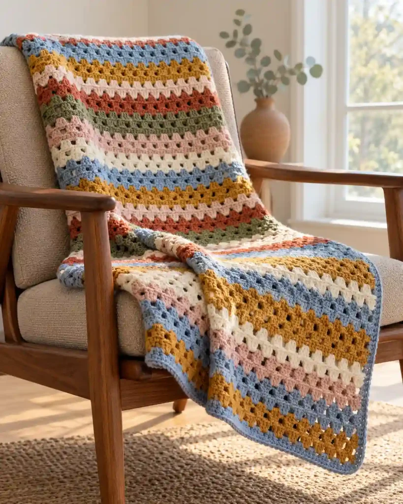 Granny block stitch crochet blanket with multicolored clustered rows hanging from a walnut lounge chair.