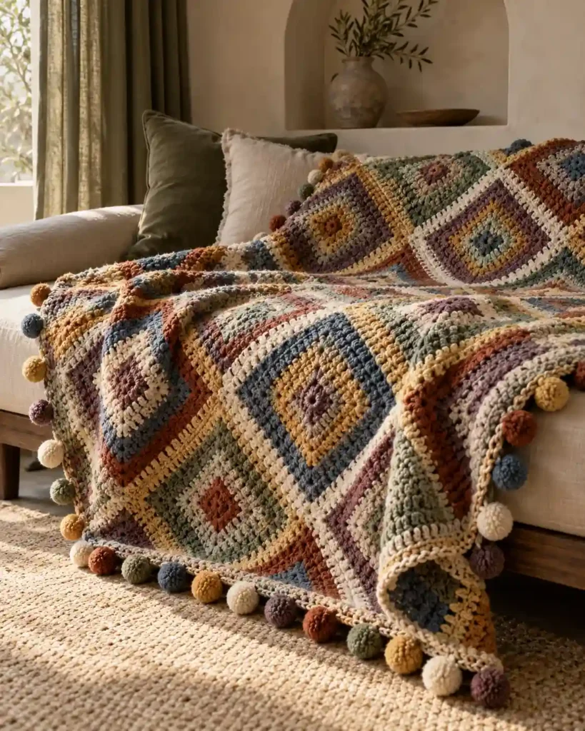 Stacking diamonds crochet scrap blanket in muted colors with raised texture and small pom-pom trim.