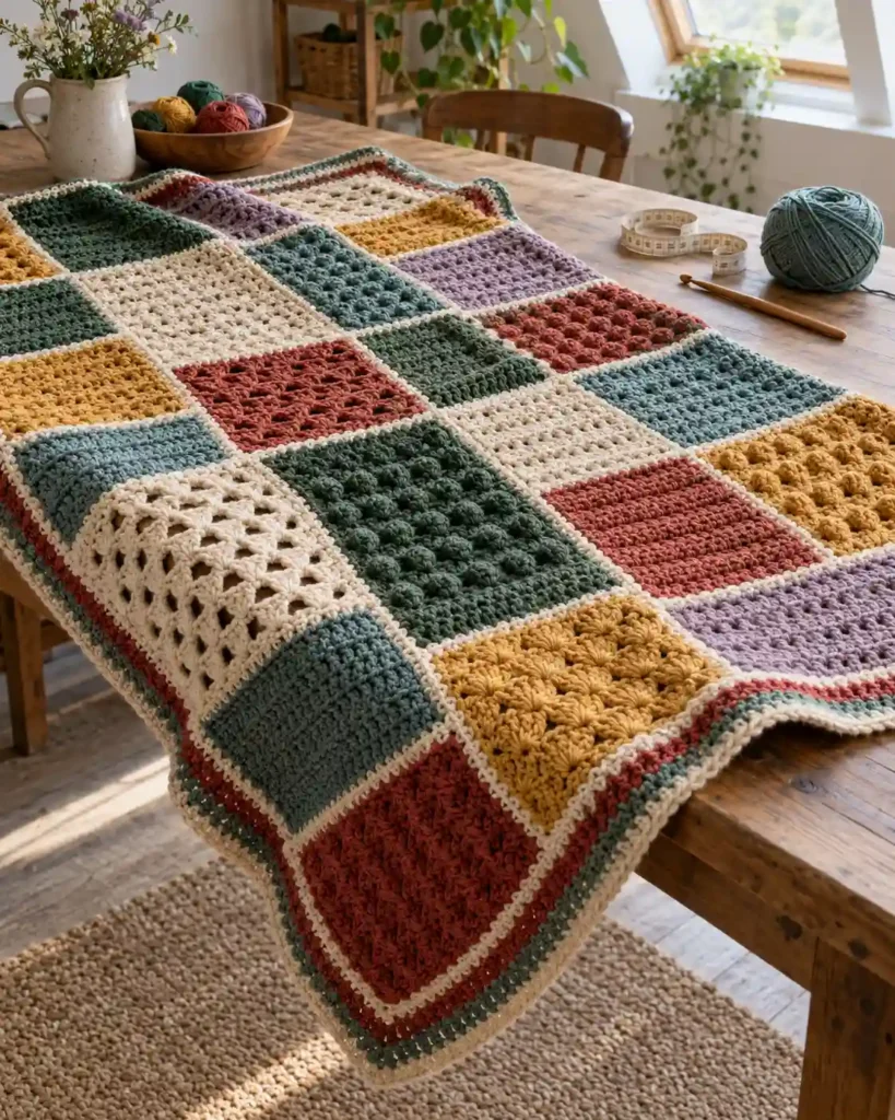 Crochet sampler blanket showing varied stitch textures in multicolored sections across a studio table.