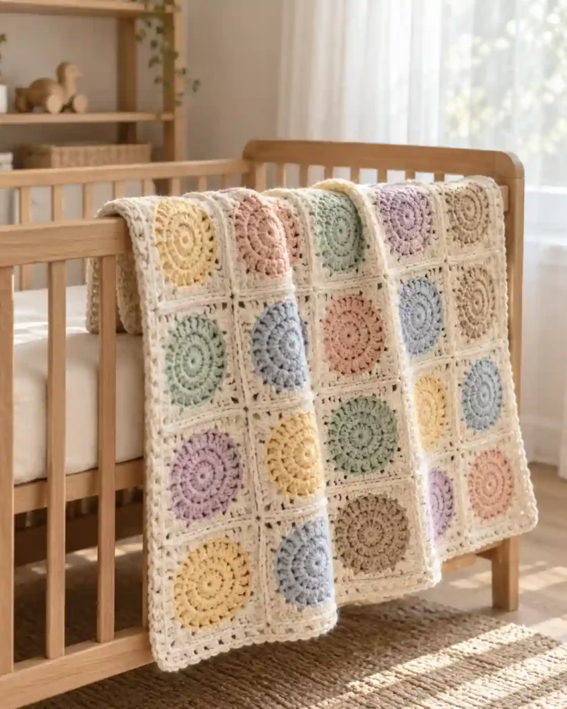 Pastel circle-in-a-square crochet baby blanket with multicolored round centers and cream borders.