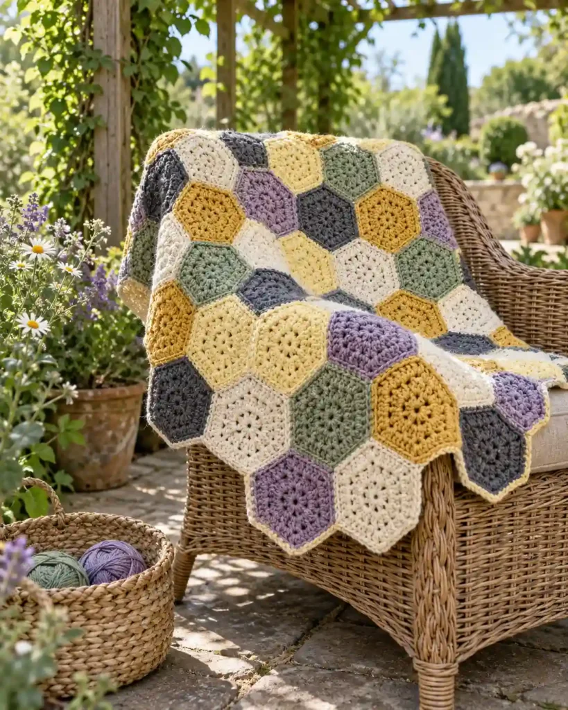 Honeycomb stroller blanket with joined crochet hexagons in yellow, cream, lavender, and sage.