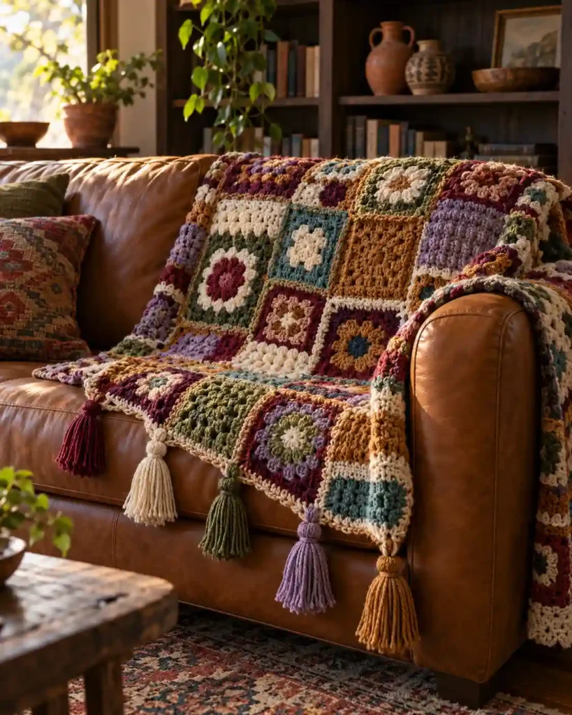 Textured granny square crochet blanket in rich scrap colors with handmade tassels on a leather sofa.