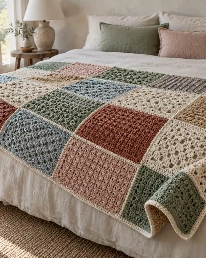 Sectional scrap yarn crochet blanket assembled from textured rectangular panels in muted colors.