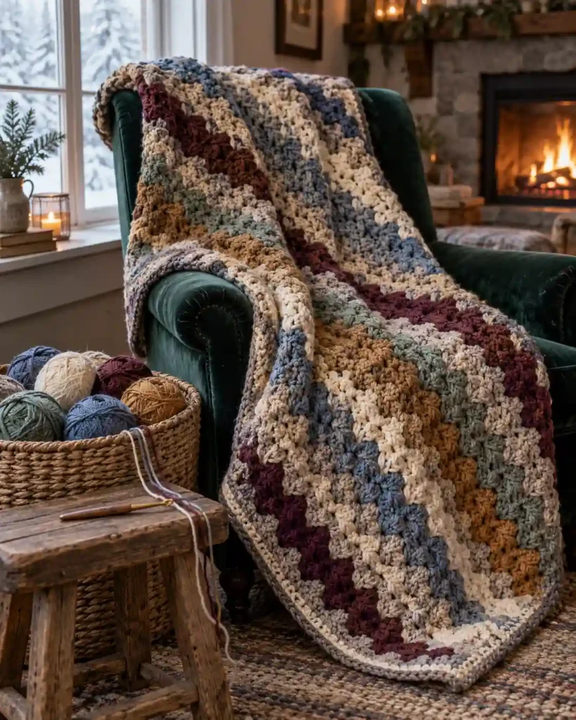 Chunky double-strand C2C crochet scrap blanket with heathered diagonal blocks on a green chair.