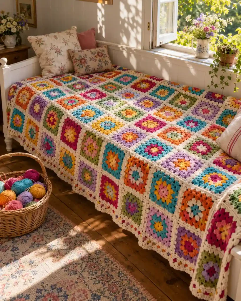 Classic multicolored granny square scrap blanket with open crochet clusters draped across a daybed.