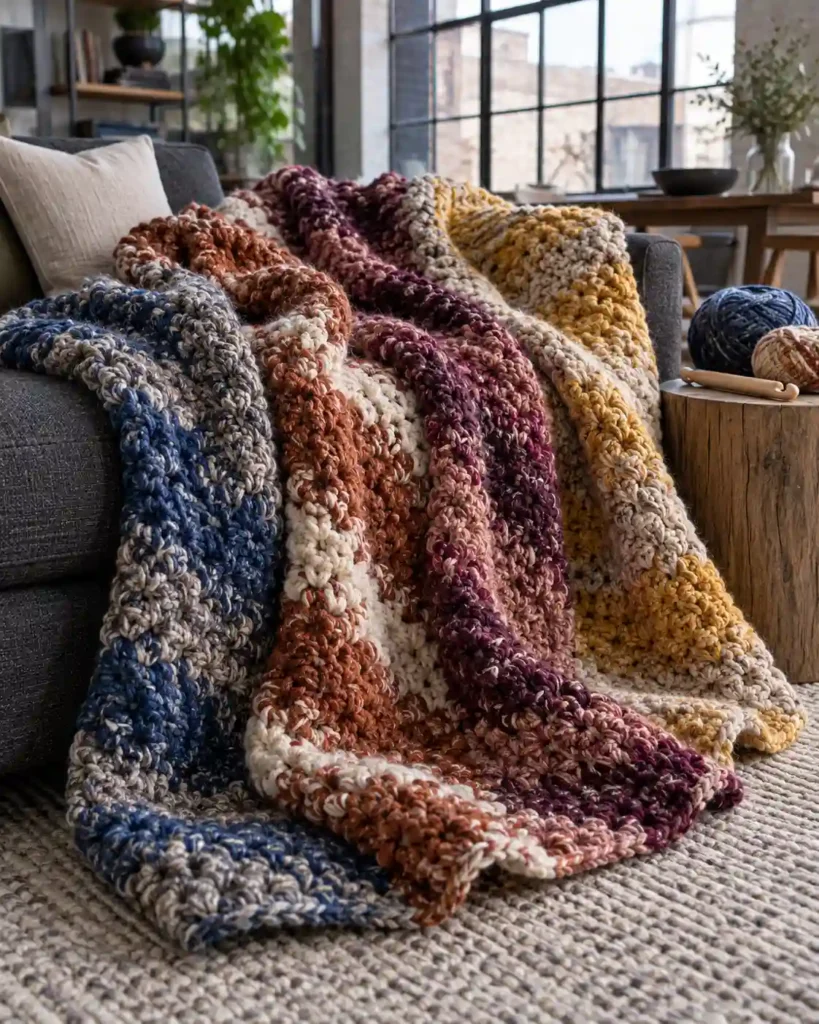 Thick double-stranded scrap yarn crochet blanket with mottled colorful stitches on a gray sofa.