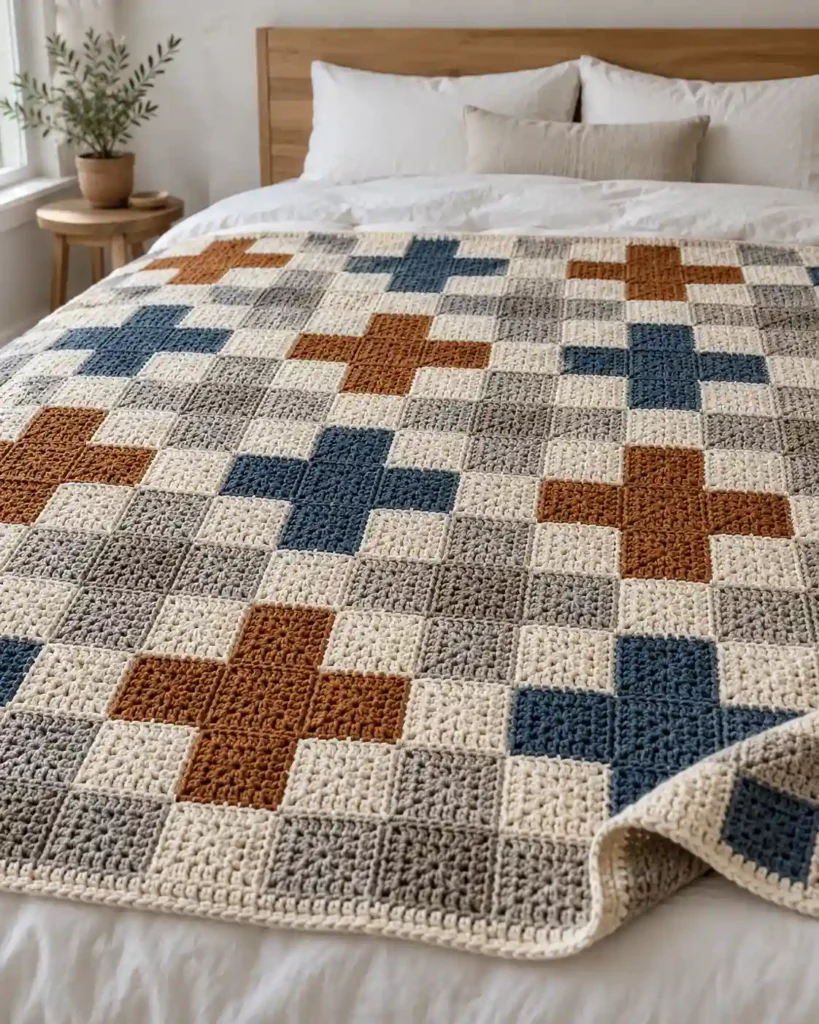 Geometric plus-sign crochet afghan formed from joined ivory, blue, and ochre granny-style squares.