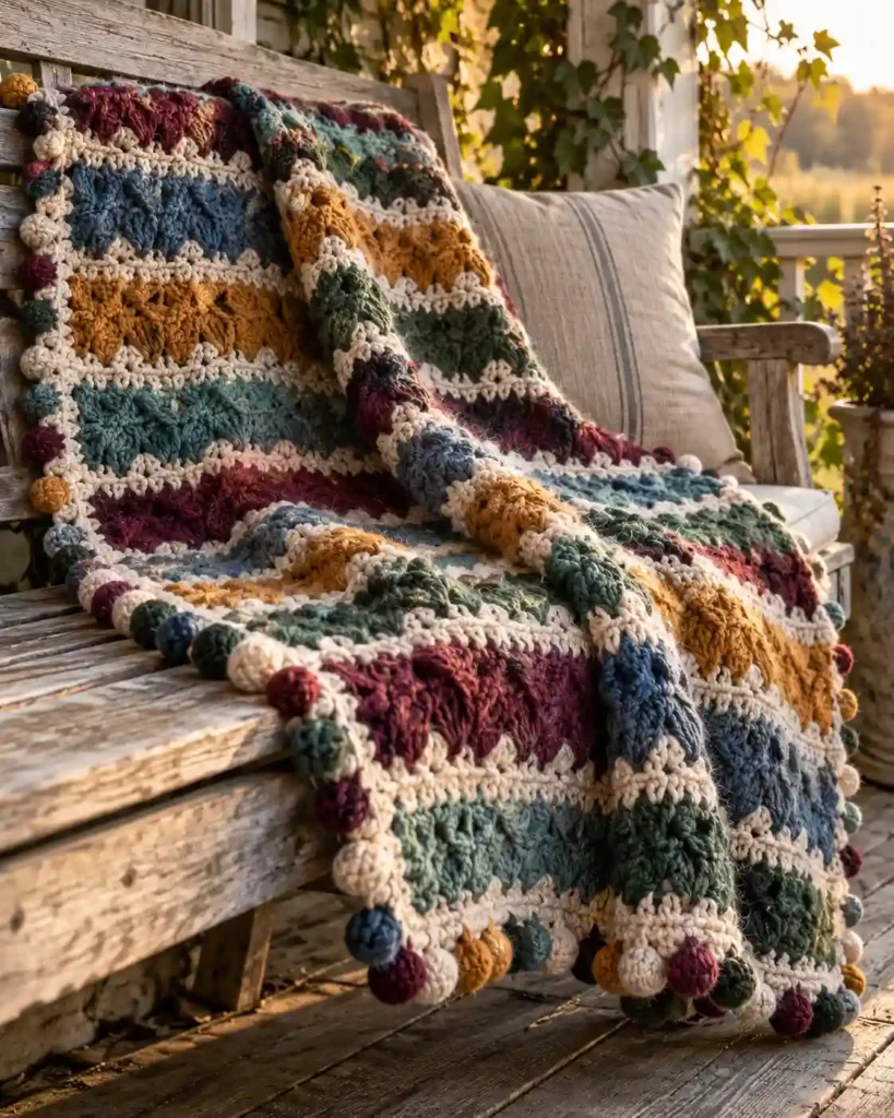 Scrappy forked cluster crochet blanket with raised textured rows and bobble edging on a porch bench.