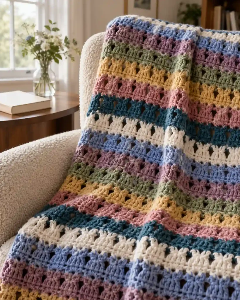 Happy Lark crochet scrap blanket with elongated larksfoot stitches and colorful horizontal yarn bands.
