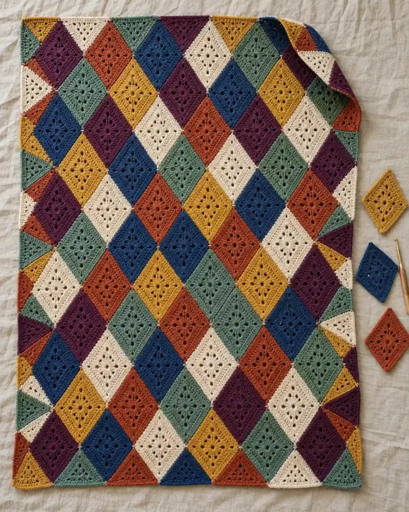 Scrap yarn diamond crochet blanket joined from colorful rhombus motifs with triangular edge pieces.
